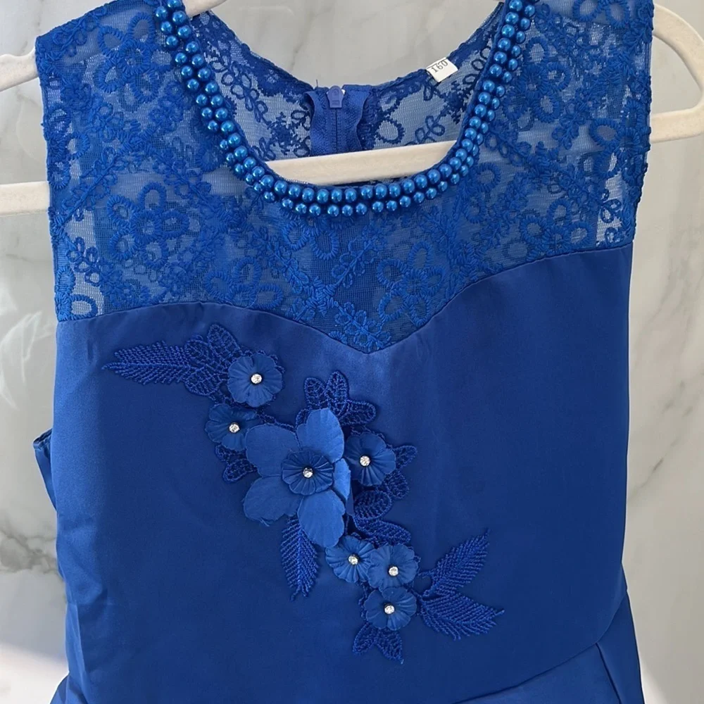 Elegant Floral Pearl and Blue Silk Youth Dress